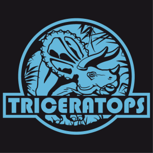 Dinosaur t-shirt, triceratops cut out on round logo inspired by Jurassic Park. Create an original dinosaur t-shirt.
