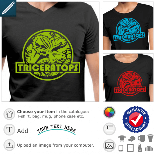 Triceratops t-shirt, jurassic logo with a dinosaur cut out on a background of vegetation. Customize a dinosaur t-shirt.