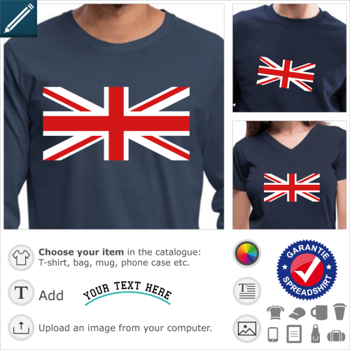 Central cross of the Union Jack flag, perpendicular and oblique red and white stripes to be printed on navy blue t-shirt