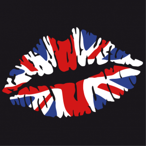 Kiss England, lips painted in the colours of the English flag with the central and oblique cross motif. Union Jack.