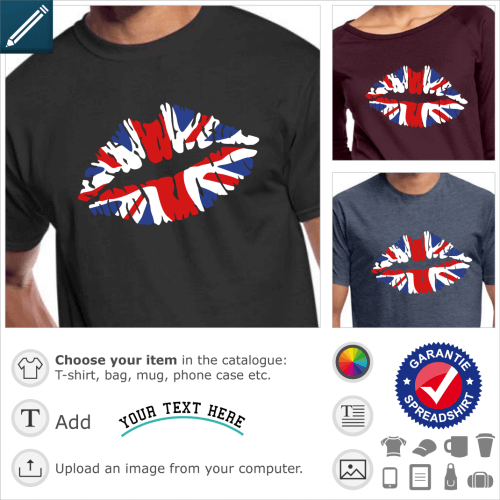 T-shirt Simplified English flag, painted with volume effect on stylized lips. I love UK.