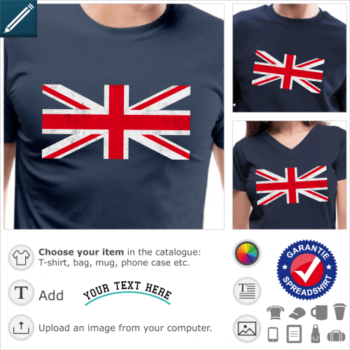 Union jack vintage t-shirt. Vintage customizable union jack, high resolution image of the central cross of the English flag with worn texture.