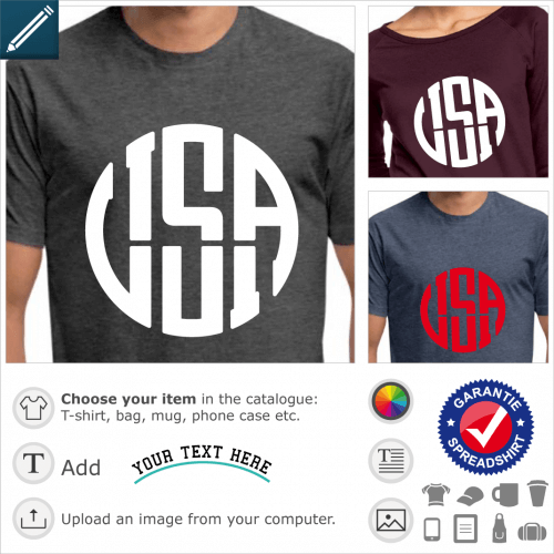 USA t-shirt. USA, American graphic and stylish design in the shape of a circle with letters reminiscent of the style of Asian ideograms.