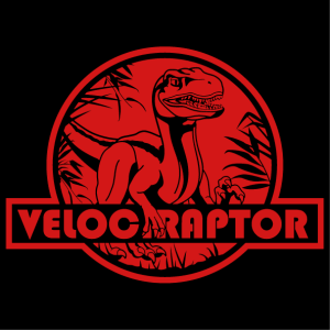 T-shirt raptor, velociraptor cut on a red round, with jungle shapes and vegetation.