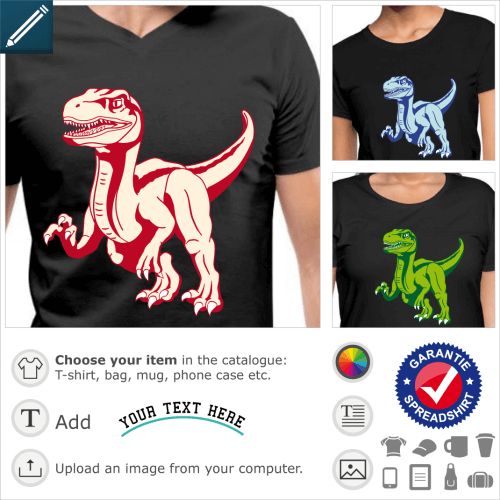 T-shirt velociraptor to personalize and print online. Stylized 3-color opaque dinosaur.