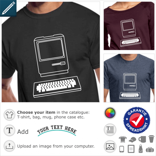 T-shirt computer. Computer drawn in fine lines, vintage computer to customize, a geek and retrogaming design for printing on t-shirt.