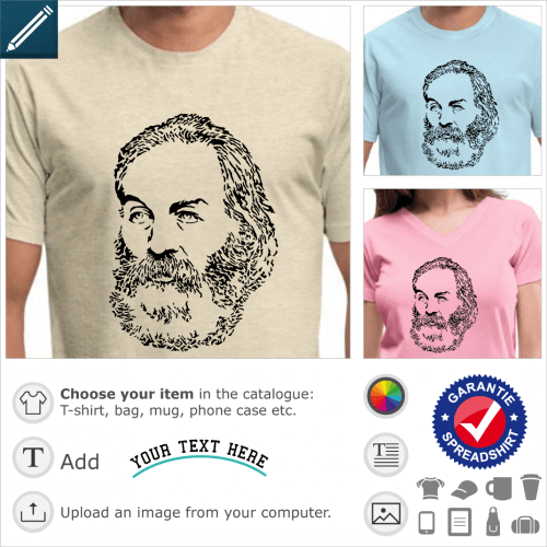 Walt Whitman t-shirt. Walt Whitman, portrait of the poet drawn in high resolution transparent to customize.