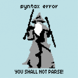T-shirt programming. Programmer joke, you shall not parse, and Gandalf in pixel art pictogram raising stick and sword.