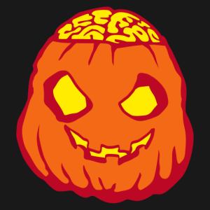 A humorous Halloween pumpkin with a zombie look and a brain that comes out of its skull.