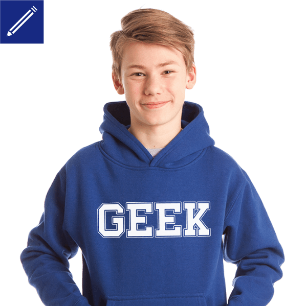 Geek t-shirt for teenagers written in large typeface letters to customize online.