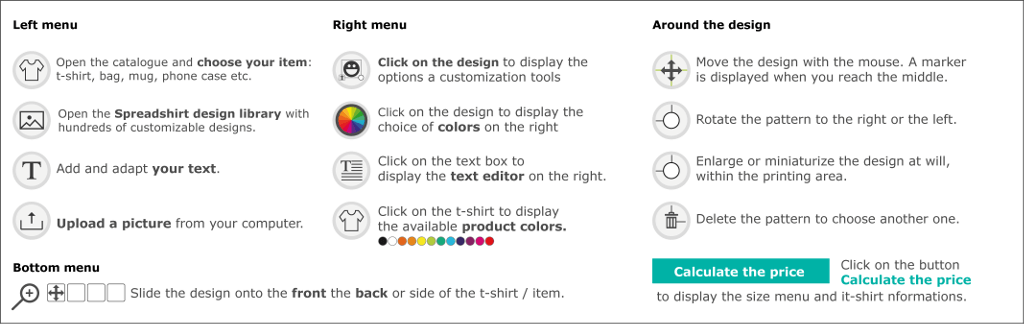 Designer tools, t-shirt customization steps, memo